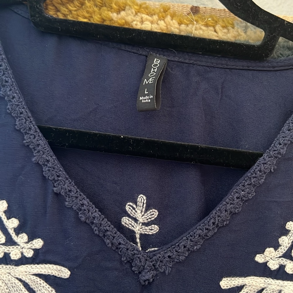 BOHO ME Navy/White Embroidered Tunic Mini Dress Kaftan Swim Cover-Up Women's' L - Picture 5 of 10